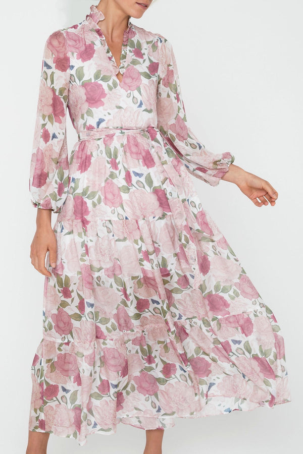 Coastlines Rose Bloom Pink Silk Floral Maxi Dress
